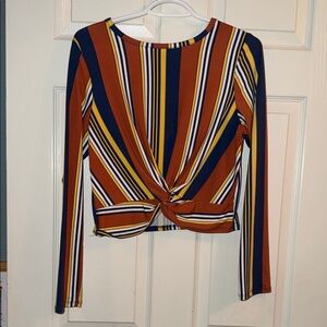 Gaze Multicolor Striped Twist Front Long Sleeve Top